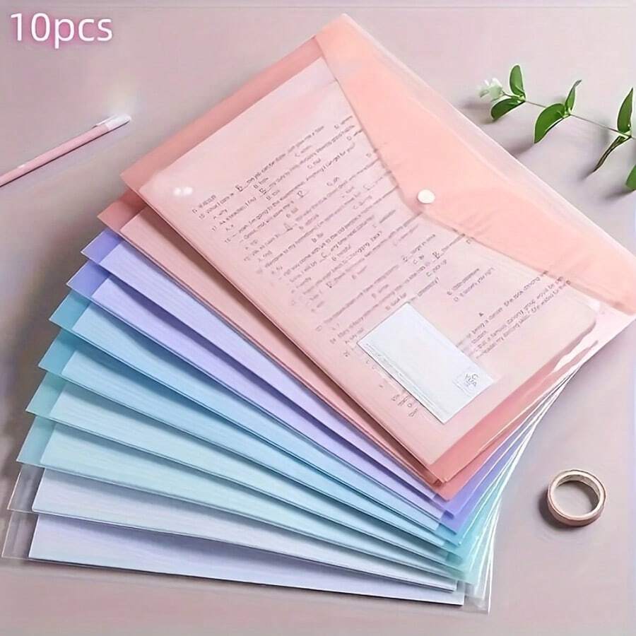 10pcs A4 Plastic File Bags, Thickened Transparent Snap Closure, Waterproof PP Material, Classic Style, Macaron Colors, Student Document Storage Pouches