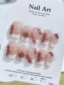 10片裸肤法式少女3D粉色花卉图案美甲贴片，手工制作，全覆盖法式方型中长款，三维手绘花朵雕刻设计，亮泽光亮，粉白相间，鸭嘴形高端简约度假风立体雕刻优雅美甲贴片，美甲用品，手工美甲贴片 - 彩色 - 查看 3