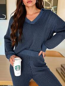 Fisoew Matching Sets For Women 2025 Fall Winter Striped Knit Set | Oversized Sweater & Lounge Pants | Y2K Cozy Matching Outfit | Women's Casual Street Style Tracksuit - 深藍色 - 查看 5