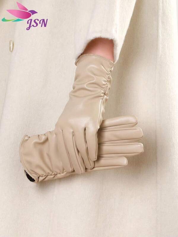 1 par de guantes elegantes y casuales de piel de PU con dedos completos para pantalla táctil para mujeres, forro de piel sintética cálido, guantes de ciclismo a prueba de viento e impermeables para uso en exteriores