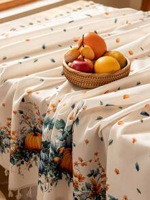 1pc Happy Thanksgiving Day Rectangular Tablecloth, Blue & Yellow Pumpkin Print, 3D Bamboo Texture, Beige Tassel Fringe, Washable, Coffee Table/Round Table Cover, Dining Table Decor, Home Decor, Suitable For Dining Room, Meals, Gatherings, Parties And Holiday Events, Autumn Decor, Thanksgiving Decor, Harvest Festival Gift - Blue and Yellow Pumpkins On Both Sides - View 6
