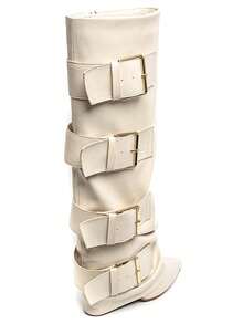 Bottes hautes femme à boucles XXL – Style audacieux en simili cuir ou daim - 米色7677A - 查看 4