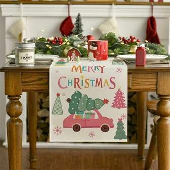 1-Piece Christmas Running Table Cartoon Pink Christmas Tree Decoration, Christmas Day Restaurant Decoration - Kitchen, Party, Indoor/Outdoor Linen Table Decoration - Retro Christmas Party Supplies - Easy To Clean Holiday Table Decoration, Christmas Decoration, Durable Holiday Decoration, High-Quality Polyester Fabric, Home Decoration.