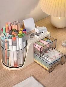 1pc Pen Storage Box, 360 Rotating Desktop Pen Container, Multifunctional Desktop Organizer, Bathroom Rack, Transparent Drawer Student Pen Rack Storage Box, Desktop Display Box, Dormitory Storage, Stationery Storage, Back-To-School Supplies. - White - View 6
