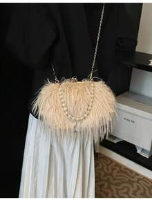 Khaki Flap Chain Plush Handbag, Fashionable Ladies' Casual Crossbody Shoulder Bag, Daily Office Phone Pouch - 卡其色 - 查看 9