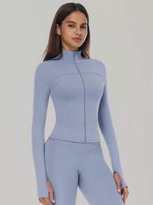 MASKERT Áo khoác thể thao tay dài ngắn dành cho nữ, áo khoác yoga, áo khoác chạy bộ và áo khoác thường ngày, thoải mái và thân thiện với da, phù hợp cho việc tập luyện. - Màu xanh bụi bặm - Xem 4