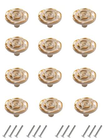 12件欧式白玫瑰花橱柜把手，适用于衣柜、抽屉、厨柜、家具、梳妆台、餐厅柜，简约烤漆工艺，手绘图案，锌合金材质，含螺丝