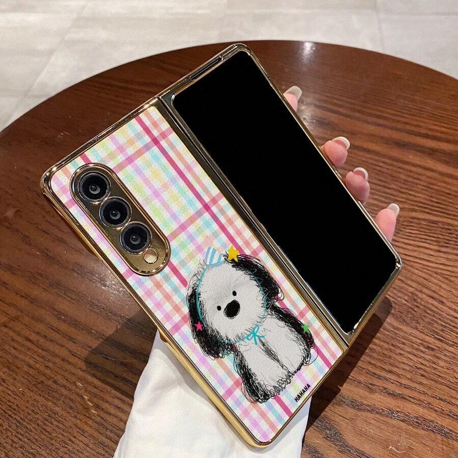 Luxury PU Leather Case, Leather Texture Feel Cartoon Animals And Cloud Print Foldable Mobile Phone Case Compatible With Sam Galaxy Z FLIP FLOP 3 4 5 6 Gold Plated PC Cellphone Protective Shell Design For MOTO RAZR 40 50 60 ULTRA - Dog - 查看 1