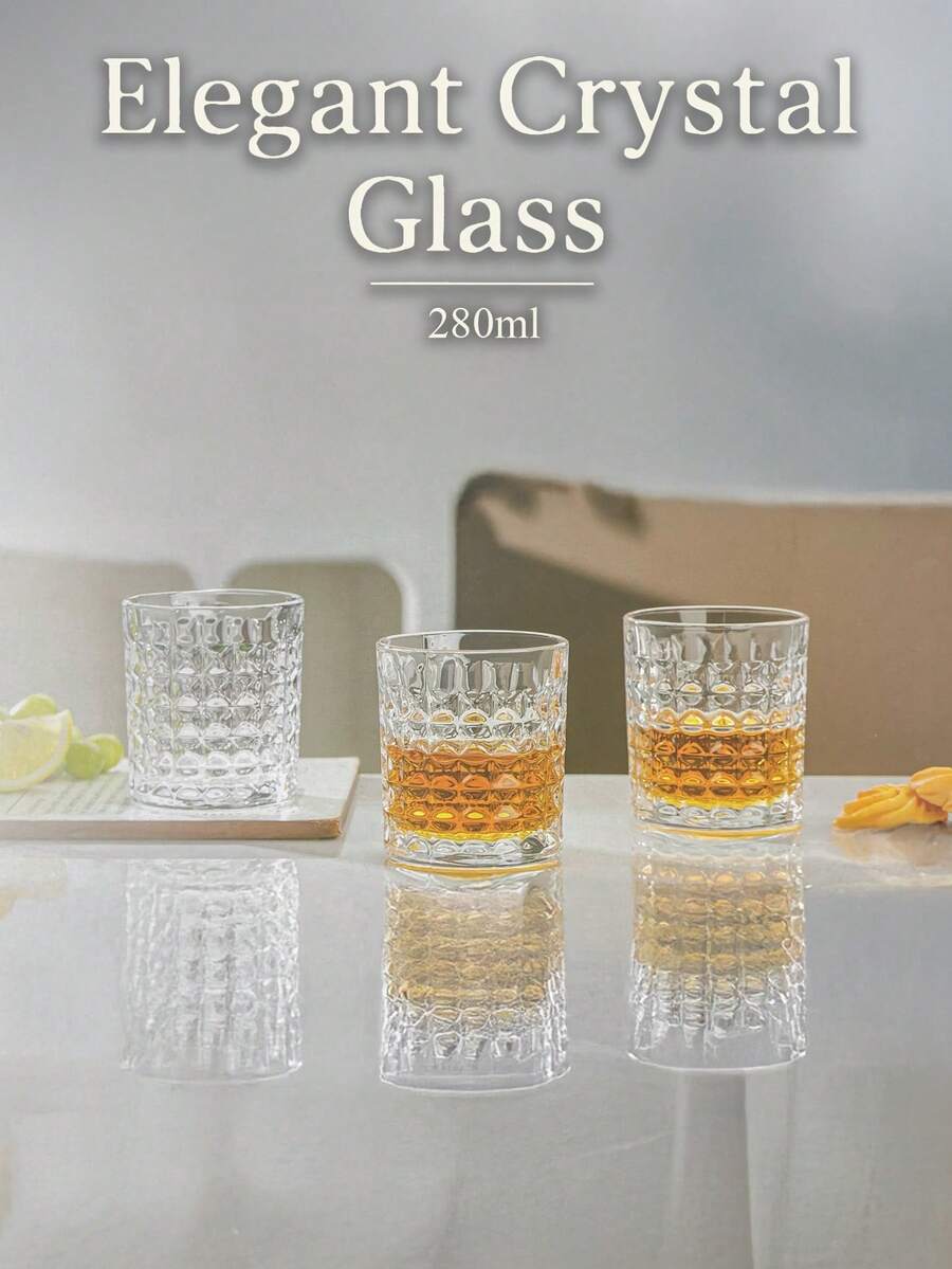 6-Piece Minimalist Transparent Glass Water Cup Set, Suitable For Home Use, Coffee Cups, Juice Cups, Whiskey Cups, Straight-Sided Textured Beverage Cups, Multiple Sizes Available, Party Table Cups. - DM303 (280ml) - View 1