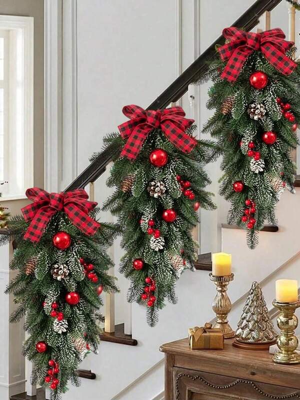 1pc Artificial Christmas Teardrop Swag, 21.6 Inch Christmas Pine Cones Red Berries Swag Decoration, Green Pine Needles Balls Teardrop Swag, For Window Wall Fireplace Decor, Home Outdoor Decor Decor, Room Door Decor,Christmas Decorations, Theme Party Decor Home Decor Room Decor