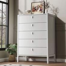 BVFUKA White 5 Drawer Dresser, Fluted Wood Chest Of Drawers For Bedroom, Modern Dresser With Deep Drawers For Clothes, 32 Inch Tall Nightstand For Bedroom, Living Rooms, Offices, And Entryways - 白色 - 查看 8