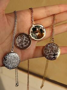 Personalized Round Gold Photo Locket Necklace, Photo Necklace, Photo Locket, Memorial Frame Pendant, Best Gift, Black, Silver, Gold, Fashion, Colorful, Retro, Simple, Unisex, Casual, Cute, Customized, Personalized, Unique, Ideal Gift For Him, Ideal Gift For Her - Multicolor - View 11