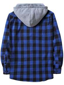 Four Seasons Two-Piece Set Contrast Plaid Men's Casual Hooded Shirt - 藍色白黑色 - 查看 3