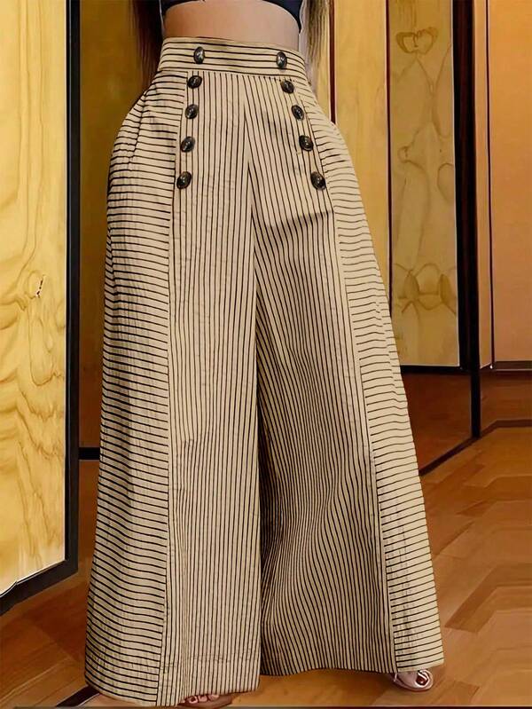 女士时尚休闲条纹印花纽扣装饰超大阔腿裤