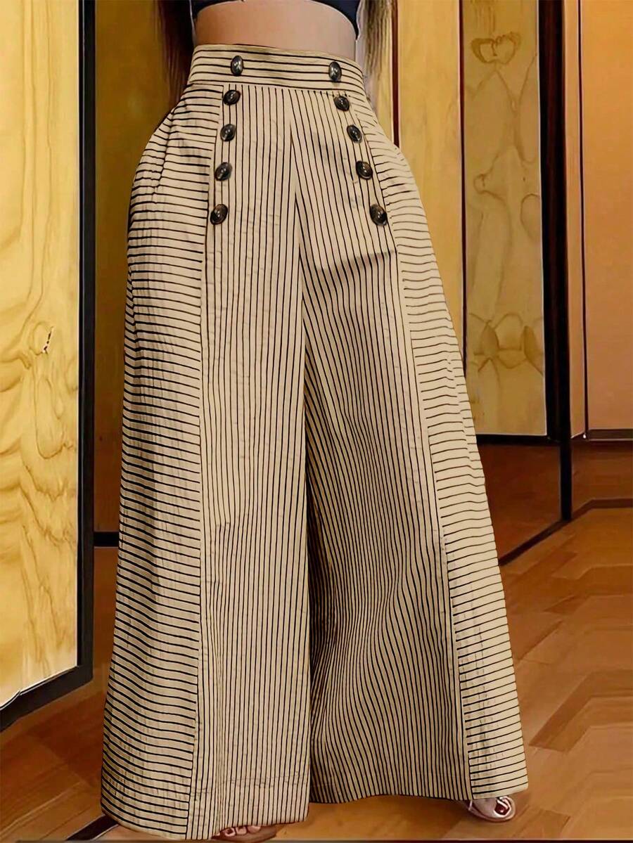 Women's Fashion Casual Striped Print Button Decor Oversized Wide Leg Pants - Khaki - View 1