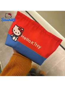 Sanrio 1 件 Hello Kitty 可爱卡通红蓝撞色猫手提包口红化妆盥洗用品收纳包学校文具生日礼物，适合圣诞节礼物、节日礼物、节日礼物指南