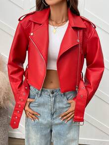 Women's Solid Color Minimalist Zip-Up Short Jacket, Everyday Wear - Red - View 3