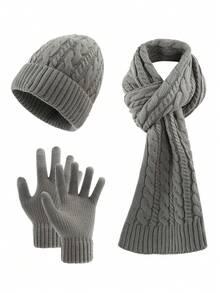 3pcs Men's Fashion Simple Solid & Striped Knit Jacquard Beanie, Scarf And Gloves Set, Soft Thermal Lined Warm Accessories For Autumn/Winter Outdoor, Casual, Travel Winter Warm