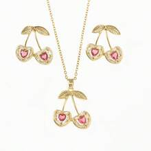 1 pièce Ensemble de collier pendentif et boucles d'oreilles en acier inoxydable en forme de cerise, bijoux de luxe polyvalents avec design de cerise, cadeau - Cerise dorée - Voir 3