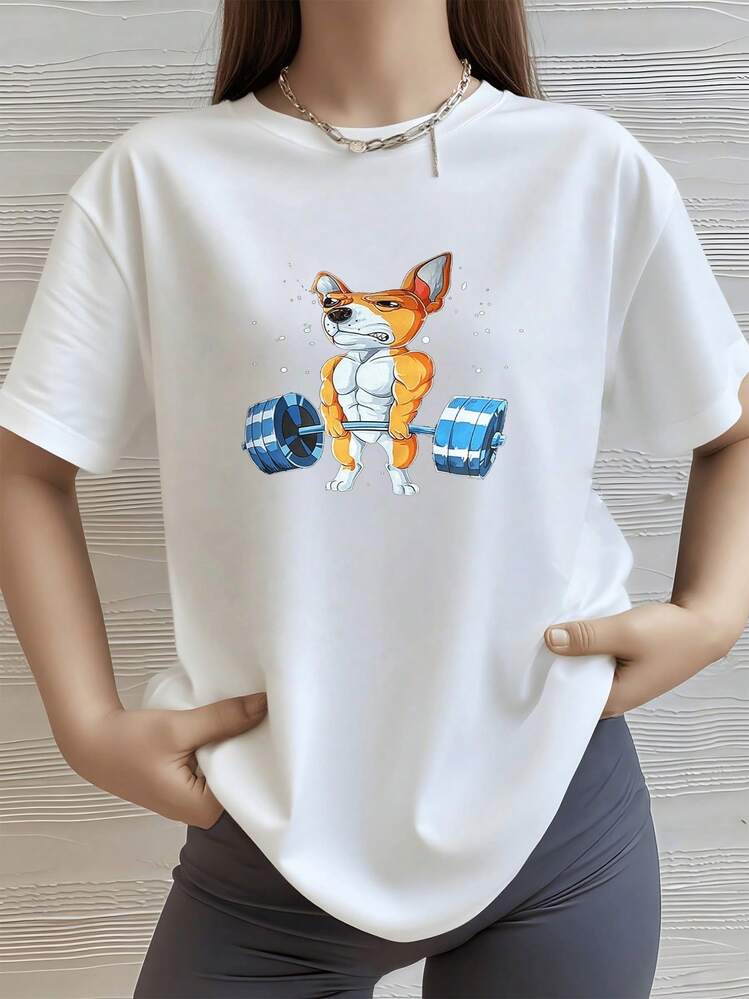 Divertido Perro Musculoso Camisa de T con estampado digital de 220 gramos Entrenando con pesas 1 unidad de 100% algodón puro Moda Estilo coreano Camiseta casual de manga corta para mujer de talla grande - Blanco - Añade 1