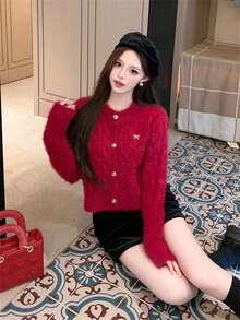 女士时尚短款保暖蝴蝶结多功能圆领长袖毛衣开衫针织外套秋冬街头潮流 - 紅色 - 查看 5