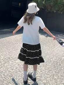 Women's New Polka Dot Drawstring Layered Ruffle Hem Versatile Skirt - Black - View 7