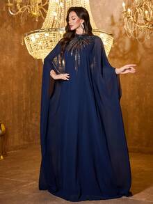 UNITHORSE 女士优雅立领长袖贴花雪纺气质长款晚礼服 - 藏蓝色 - 查看 5