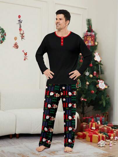 Set de pijamale bărbătesc New Christmas Element, top negru cu pantaloni cu imprimeu Moș Crăciun, set confortabil de 2 piese pentru casă