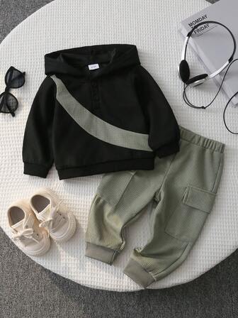 2 Stücke Baby Jungen Lässiger Stil Täglicher Kontrastfarben Kapuzen Halb-Reißverschluss Waffel Strick Langarm Top und Cargo Tasche Hose Set, Frühling/Herbst