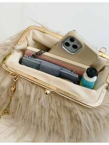 Khaki Flap Chain Plush Handbag, Fashionable Ladies' Casual Crossbody Shoulder Bag, Daily Office Phone Pouch - 卡其色 - 查看 3