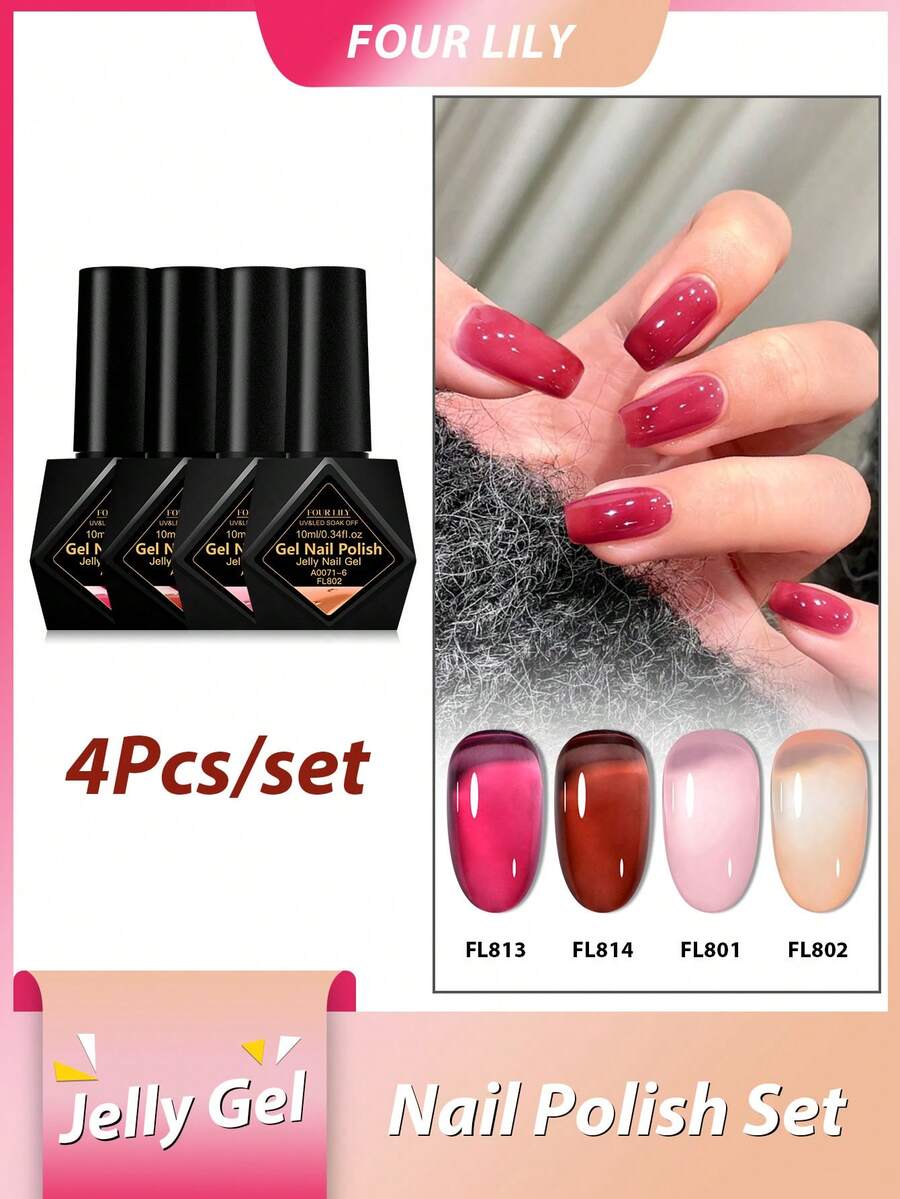 FOUR LILY 4pcs/Set 10ml Jelly Gel Nail Polish, Ice Transparent Peelable UV/LED Gel Nail Polish, Popular Color Gel Nail Polish Set, Long-Lasting Nail Gel, Suitable For DIY Nail Design - Hot Pink - View 1