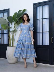 Elegant Midi Dress In 3D Laise Lined Floral Embroidery With Puff Sleeves And Guipure Lace Princess Neckline - Màu xanh nhạt - Xem 3