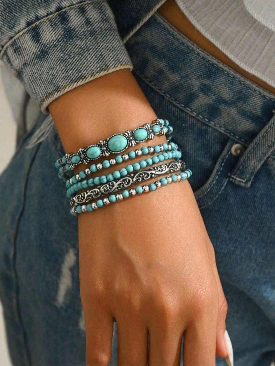 5pcs Set Artificial Turquoise Bead Boho Style Bracelet Set - Style one - View 1