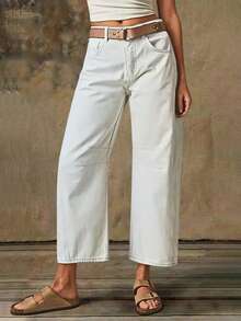 女式白色筒形牛仔裤，100% 纯棉九分牛仔裤，2025 秋冬休闲宽松修身高腰牛仔裤 - 白色 - 查看 2