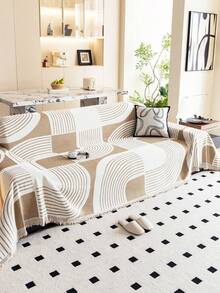 1pc Bohemian Geometric Striped Chenille Sofa Cover - Soft, Light Beige-Friendly, Pet-Resistant Couch Protector For All Seasons, Easy To Install & Clean, Fit For Single, Double, Triple & Sectional Sofas, Beige & White Design, Pet-Resistant Cover Geometric Pattern Cover Durable Polyester Cover, Couch Cover For Dogs