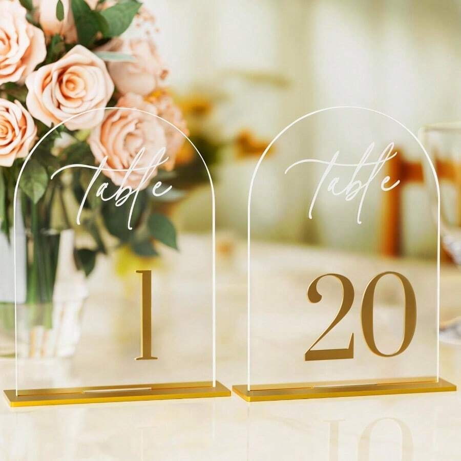 Arch Wedding Table Numbers 120 With Stands Elegant Gold Number 5.5 X 7 Arch Acrylic Signs With Holder Clear Acrylic Table Numbers For Wedding Reception Anniversary Party Events - ClearWhiteFont - 查看 1