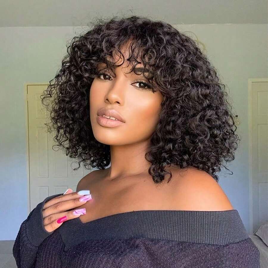 Short Water Wave Bob Wig With Bangs Human Hair Glueless Curly Wigs For Women Natural Black (14 Inch, Put On And Go Style) - Natural Black - 查看 1