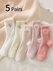 5 đôi tất dài đến bắp chân bằng lông giả thêu hình trái tim màu trơn cho bé gái, tất dài ngủ ở nhà dày ấm áp, tất lông nhung, mềm mại thoải mái, phù hợp cho bé gái từ 12-16 tuổi - Nhiều màu - Xem 7