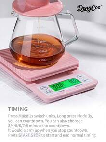 Dengcoo 1 件粉色咖啡秤带计时器 LCD 背光显示屏高精度厨房食品电子秤带去皮功能最大承重 6.6LB/3KG 0.1g 精度传感器（不含电池）适用于测量咖啡豆和茶的重量 - 電子秤 - 查看 5