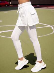 Fisoew 2025 Athletic Skort Leggings Women 2-In-1 Side Pockets Sports Casual Comfort Fit - trắng - Xem 5