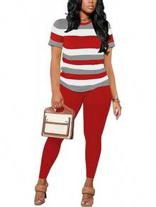 HBQ Women 2 Piece Outfits Summer Sweatsuits Track Suits Biker Short Workout Jogger Sets - 96-紅色 - 查看 2