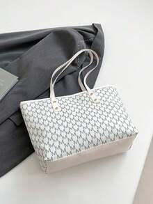 1pc PU Zipper Pattern Print Rivet Inlaid Minimalist Versatile Large Capacity Shoulder Tote Bag, Suitable For Women's Daily Use