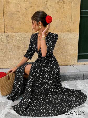 Women's V-Neck Polka Dot Mid-Sleeve Dress - Button Front Casual Swing Dress, Retro Inspired Day To Night Dress