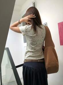 Vintage Star Print Pattern Round Neck Slim Fit Casual Everyday Wear Short Sleeve T-Shirt For Women