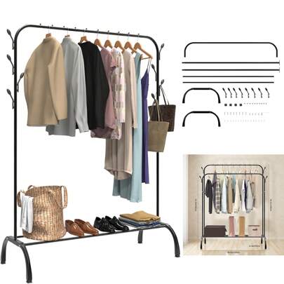 Rigogo Clothes Rack for Bedroom, 150CM Heavy Duty Clothes Rail with Hooks, Holds up to 42 KG, Metal Clothing Rail, Freestanding Storage Shelf, Black