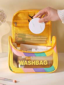 1 pieza Nueva bolsa de maquillaje de lujo minimalista y multicolor transparente con letra, bolsa de cosméticos impermeable de mano para necesidades diarias y viajes, bolsa de aseo grande de capacidad visible con acabado mate grueso para dormitorio, exterior, puede contener cables, cosméticos y otros artículos diarios, esenciales universitarios de otoño, bolsa de viaje de vacaciones, bolsa de viaje para mujeres, organizador de maquillaje