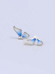 1 Pair 925 Silver Crafted Enamel Butterfly Wing Stud Earrings, Elegant Minimalist Style, Versatile, Suitable As Holiday Gift, Korean Style For Women