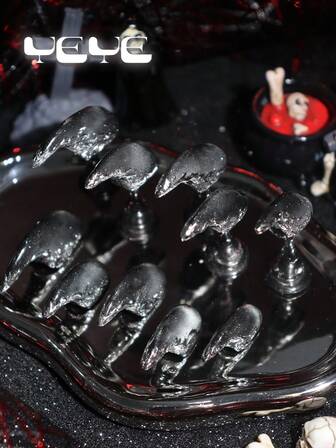 增添一丝浪漫气息，10 件短方形手工制作特殊 3D 立体装饰鹰爪夜光现代夜光全覆盖假指甲套装优雅摇滚风格蓝色泪珠彩虹色西比利亚指甲欧式闪亮黑暗全覆盖亚克力按压指甲套装适用于女士和女孩角色扮演梳妆台，配有 1 个迷你指甲锉和 1 张粘性标签