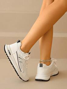 scarpe sportive casual con suola spessa, punta tonda e lacci, stile studente, comoda e con platform per donna - nero - Visualizzare 4