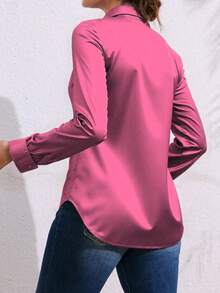 Blusa de Mujer de Manga Larga Con Cuello Abotonado de Satén de Talla Grande, Elegante Y Versátil, Adecuada para Desplazamientos Diarios Y Uso Informal - Rosa - Ver 5